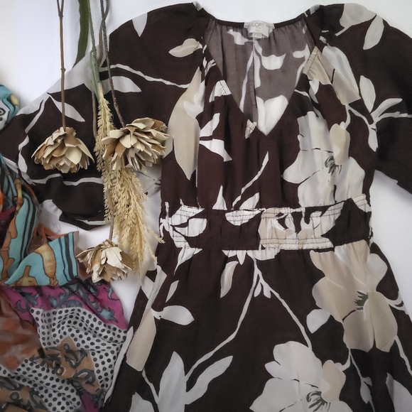 Loft Floral Brown and Cream Dress Small Petite Maxi - Picture 2 of 11